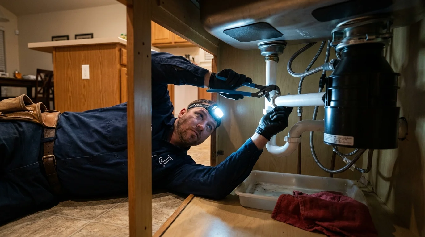 P-trap and supply line connections under a kitchen sink showing a common leak point in Waldo, FL